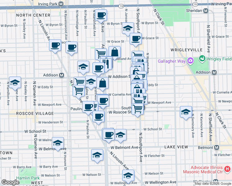 map of restaurants, bars, coffee shops, grocery stores, and more near 1520 West Cornelia Avenue in Chicago