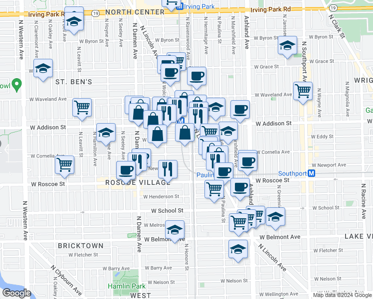 map of restaurants, bars, coffee shops, grocery stores, and more near 1800 West Cornelia Avenue in Chicago