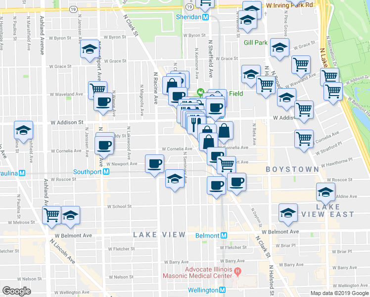 map of restaurants, bars, coffee shops, grocery stores, and more near W Cornelia Ave & N Seminary Ave in Chicago