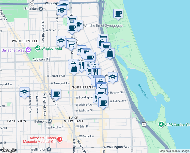 map of restaurants, bars, coffee shops, grocery stores, and more near 639 West Cornelia Avenue in Chicago