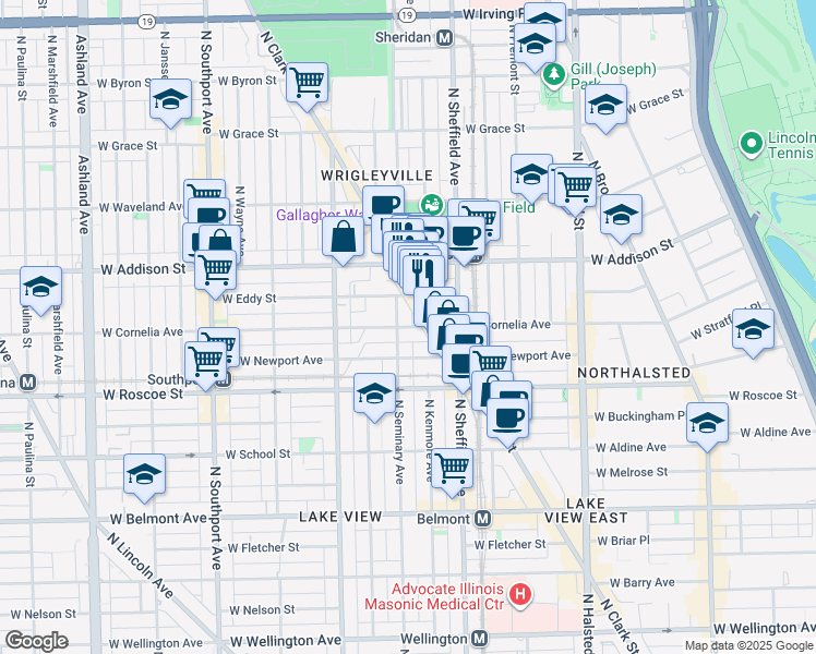 map of restaurants, bars, coffee shops, grocery stores, and more near 1100 West Cornelia Avenue in Chicago