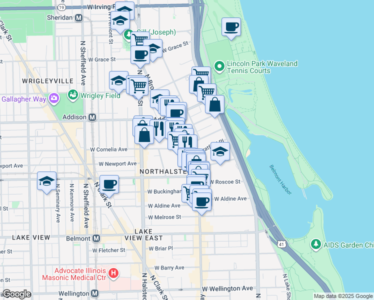 map of restaurants, bars, coffee shops, grocery stores, and more near 625 West Cornelia Avenue in Chicago