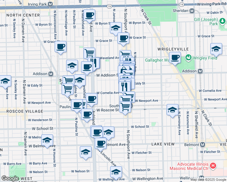 map of restaurants, bars, coffee shops, grocery stores, and more near 3525 North Greenview Avenue in Chicago