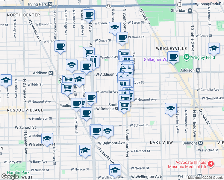 map of restaurants, bars, coffee shops, grocery stores, and more near 3525 North Greenview Avenue in Chicago