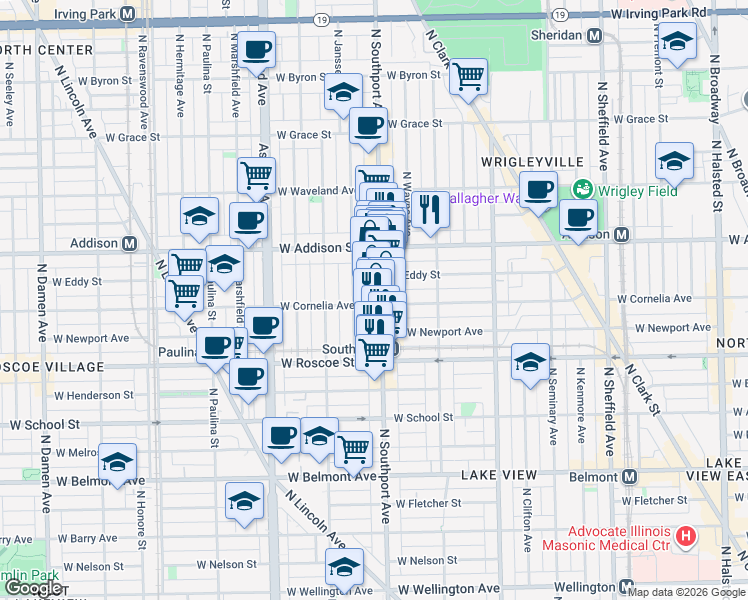 map of restaurants, bars, coffee shops, grocery stores, and more near 3524 North Southport Avenue in Chicago