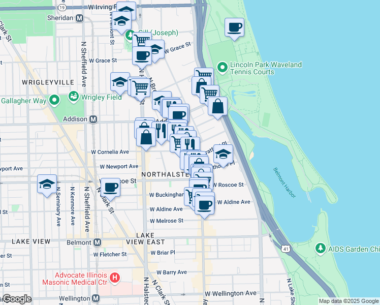 map of restaurants, bars, coffee shops, grocery stores, and more near 625 West Cornelia Avenue in Chicago
