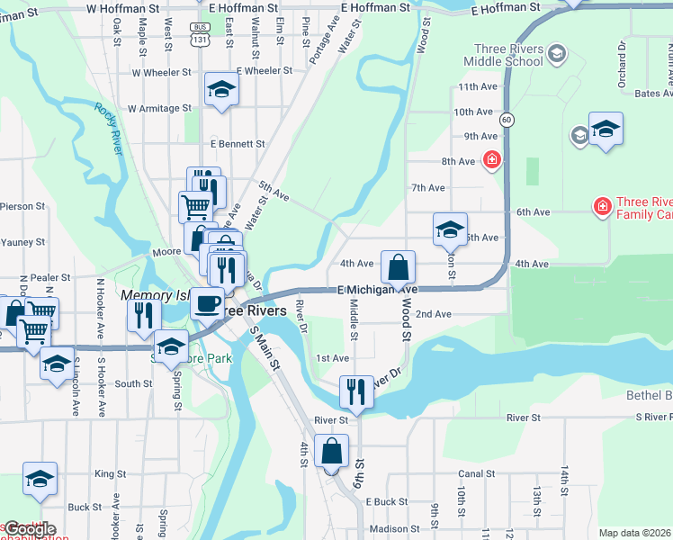 map of restaurants, bars, coffee shops, grocery stores, and more near 216 4th Avenue in Three Rivers