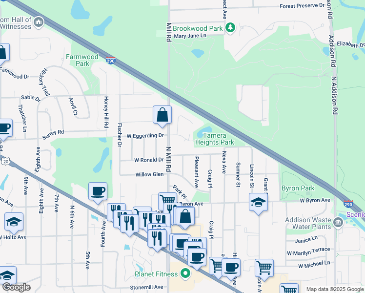 map of restaurants, bars, coffee shops, grocery stores, and more near 540 West Eggerding Drive in Addison