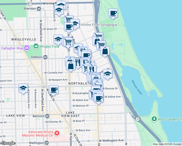 map of restaurants, bars, coffee shops, grocery stores, and more near 637 West Cornelia Avenue in Chicago