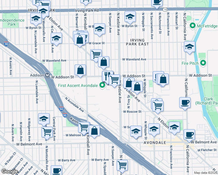 map of restaurants, bars, coffee shops, grocery stores, and more near 3248 West Addison Street in Chicago