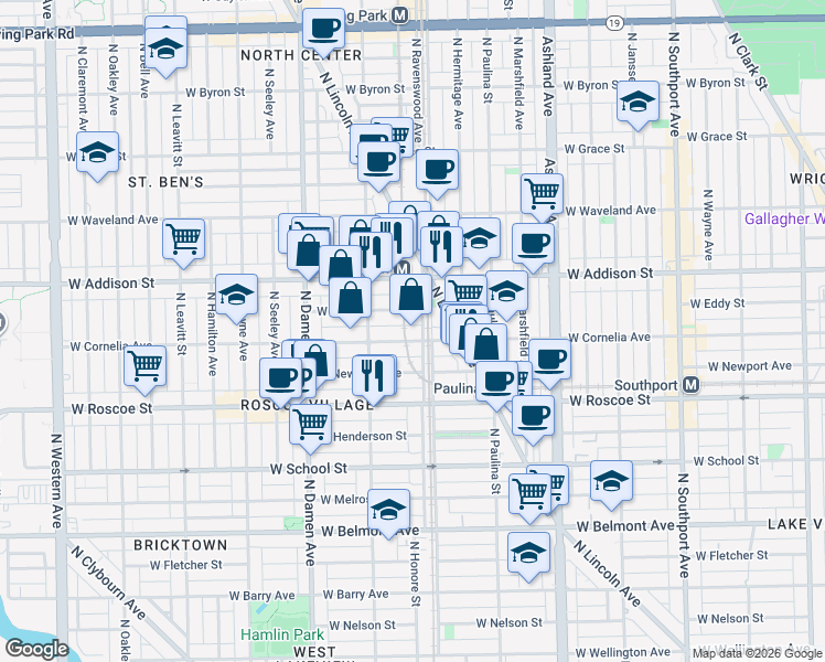 map of restaurants, bars, coffee shops, grocery stores, and more near 1800 West Cornelia Avenue in Chicago