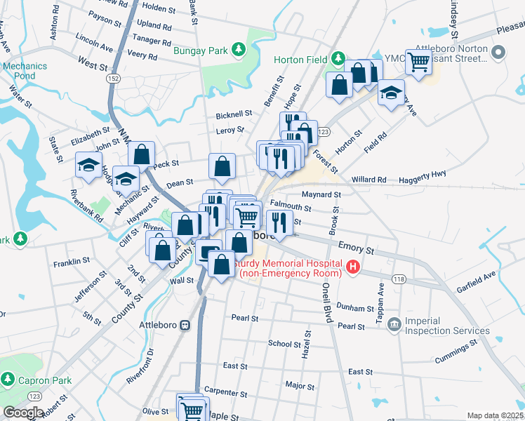 map of restaurants, bars, coffee shops, grocery stores, and more near 24 Perrin Street in Attleboro