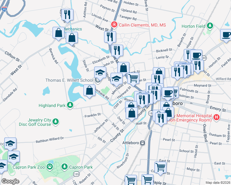 map of restaurants, bars, coffee shops, grocery stores, and more near 19 Mechanic Street in Attleboro
