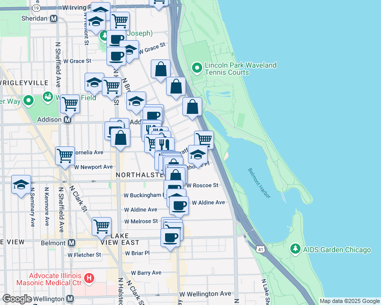 map of restaurants, bars, coffee shops, grocery stores, and more near 536 West Stratford Place in Chicago