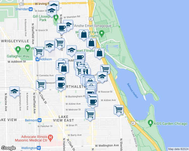 map of restaurants, bars, coffee shops, grocery stores, and more near 536 West Stratford Place in Chicago