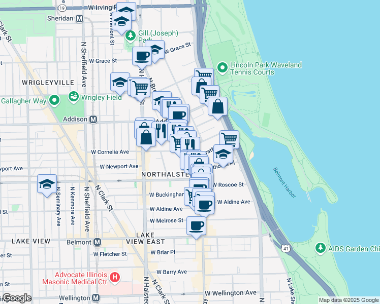 map of restaurants, bars, coffee shops, grocery stores, and more near 625 West Cornelia Avenue in Chicago