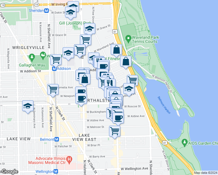 map of restaurants, bars, coffee shops, grocery stores, and more near 625 West Cornelia Avenue in Chicago