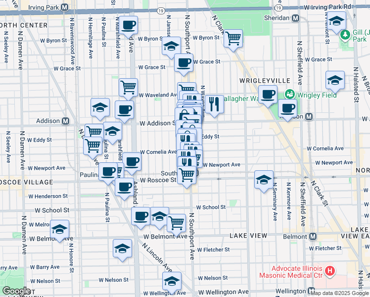 map of restaurants, bars, coffee shops, grocery stores, and more near 3524 North Southport Avenue in Chicago