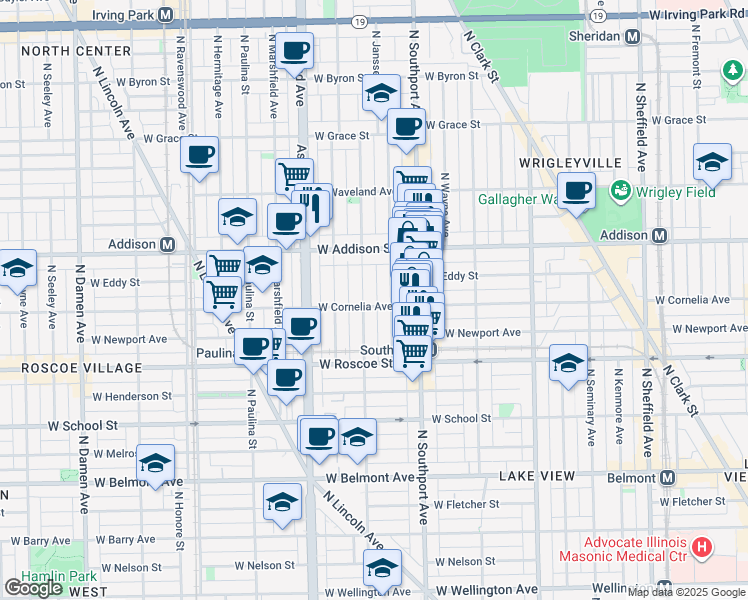 map of restaurants, bars, coffee shops, grocery stores, and more near 3525 North Greenview Avenue in Chicago