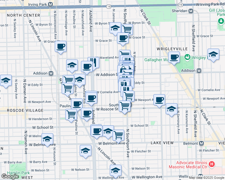 map of restaurants, bars, coffee shops, grocery stores, and more near 3525 North Greenview Avenue in Chicago