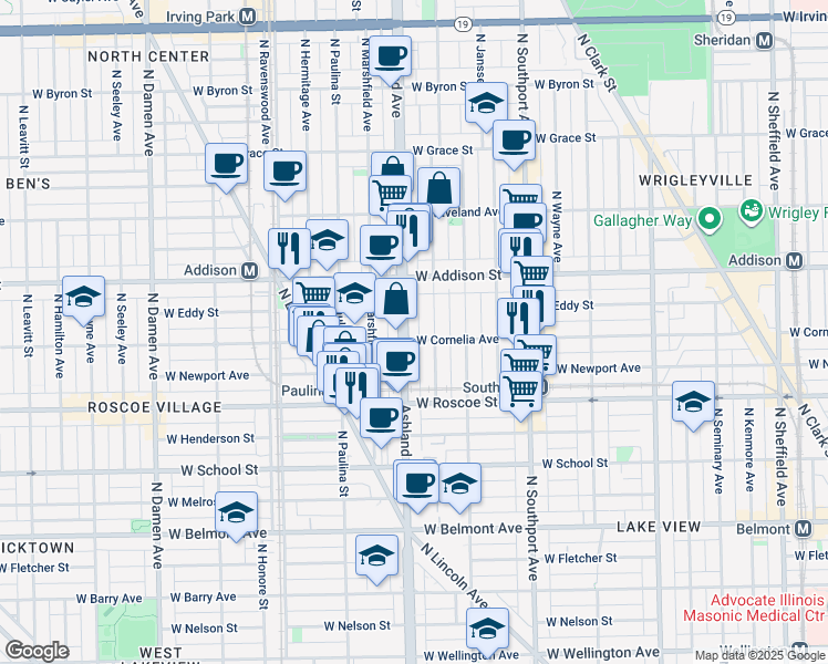 map of restaurants, bars, coffee shops, grocery stores, and more near 3528 North Ashland Avenue in Chicago