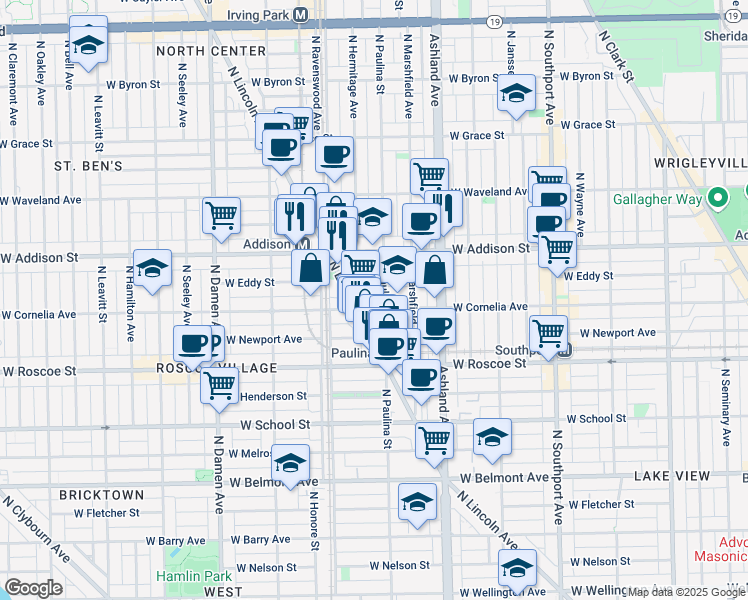 map of restaurants, bars, coffee shops, grocery stores, and more near 3531 North Hermitage Avenue in Chicago