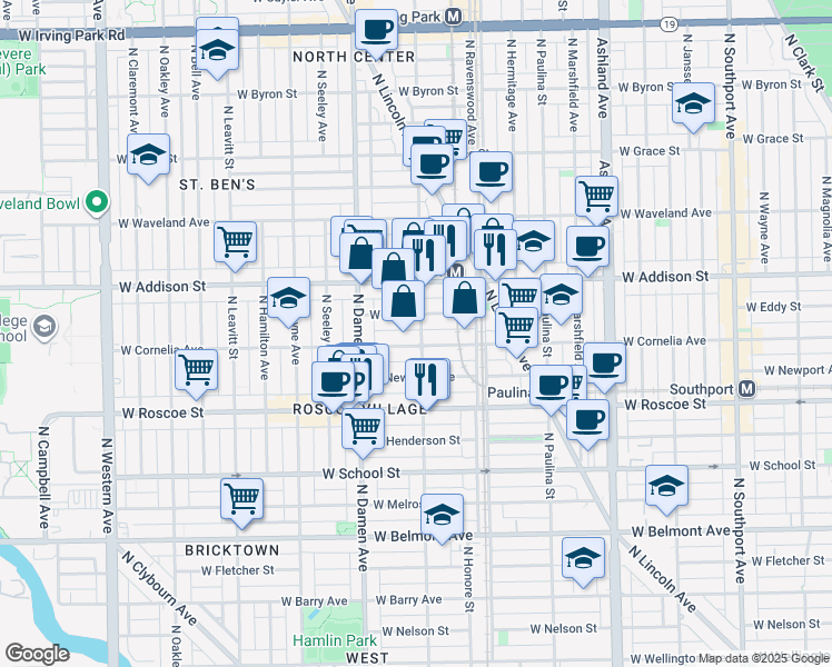 map of restaurants, bars, coffee shops, grocery stores, and more near 3534 North Wolcott Avenue in Chicago