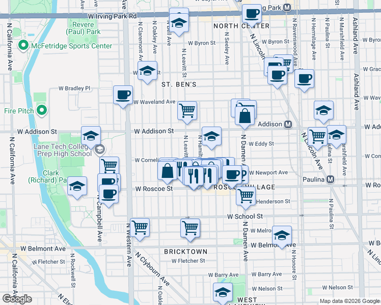 map of restaurants, bars, coffee shops, grocery stores, and more near 3532 North Hamilton Avenue in Chicago
