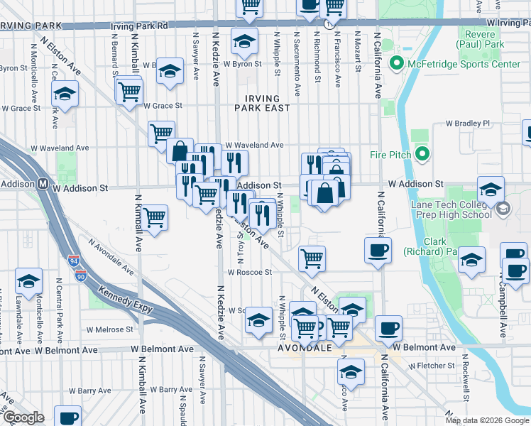 map of restaurants, bars, coffee shops, grocery stores, and more near 3543 North Albany Avenue in Chicago