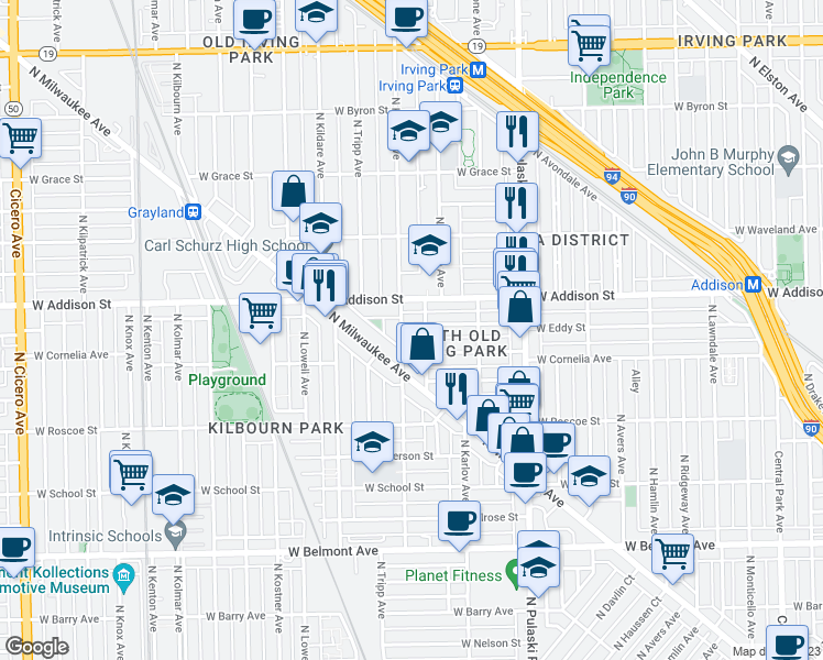 map of restaurants, bars, coffee shops, grocery stores, and more near 4173 West Addison Street in Chicago