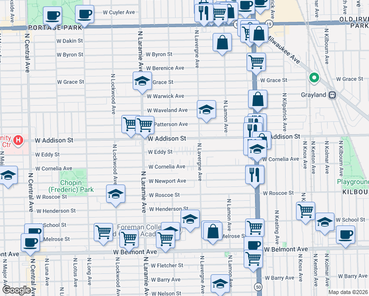 map of restaurants, bars, coffee shops, grocery stores, and more near 5027 West Addison Street in Chicago