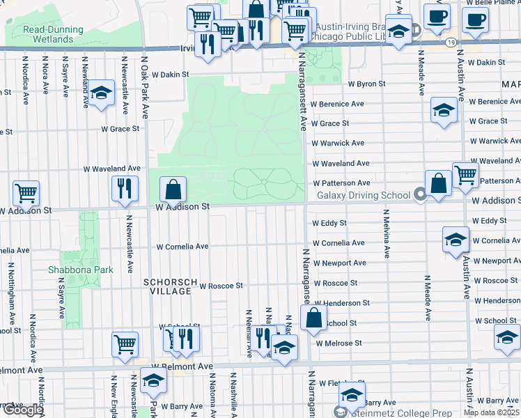 map of restaurants, bars, coffee shops, grocery stores, and more near 6501 West Addison Street in Chicago