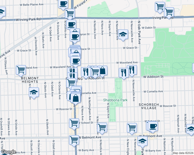 map of restaurants, bars, coffee shops, grocery stores, and more near 3618 North Nora Avenue in Chicago