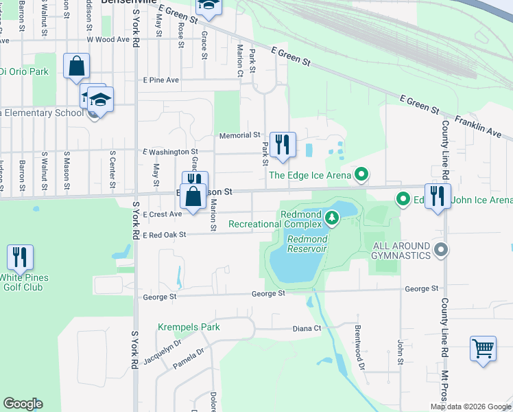 map of restaurants, bars, coffee shops, grocery stores, and more near 518 East Jefferson Street in Bensenville