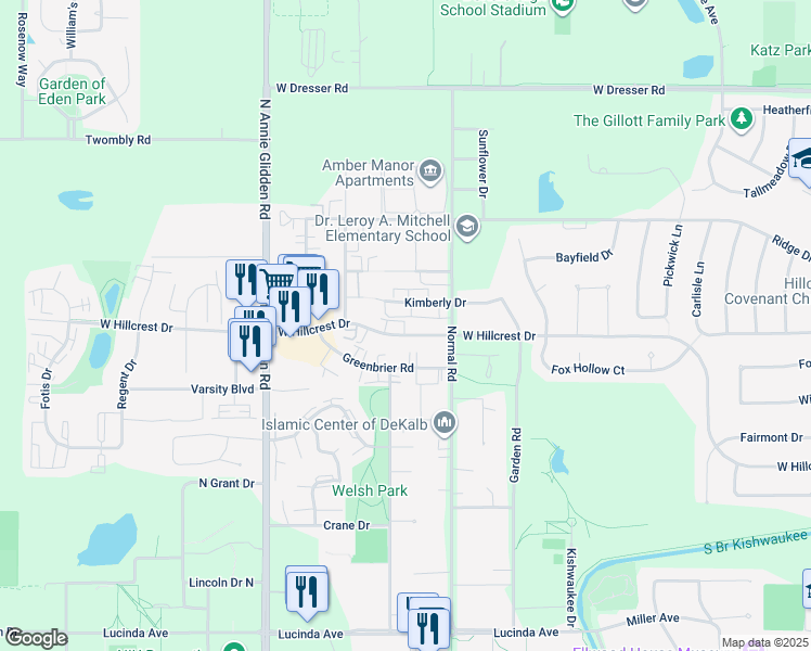 map of restaurants, bars, coffee shops, grocery stores, and more near 810 Kimberly Drive in DeKalb