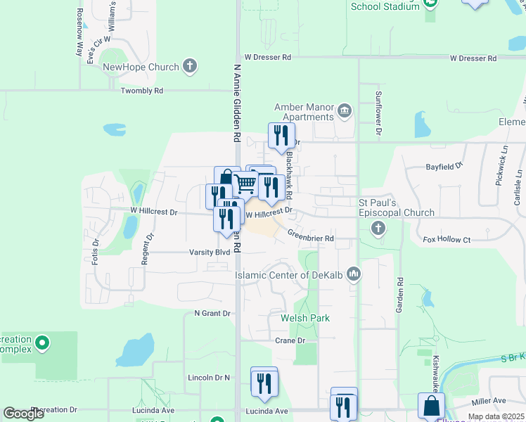 map of restaurants, bars, coffee shops, grocery stores, and more near 1011 West Hillcrest Drive in DeKalb