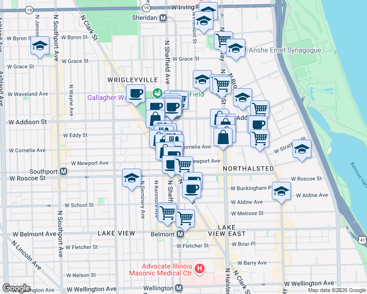 map of restaurants, bars, coffee shops, grocery stores, and more near W Cornelia Ave & N Wilton Ave in Chicago