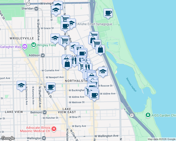 map of restaurants, bars, coffee shops, grocery stores, and more near 625 West Cornelia Avenue in Chicago