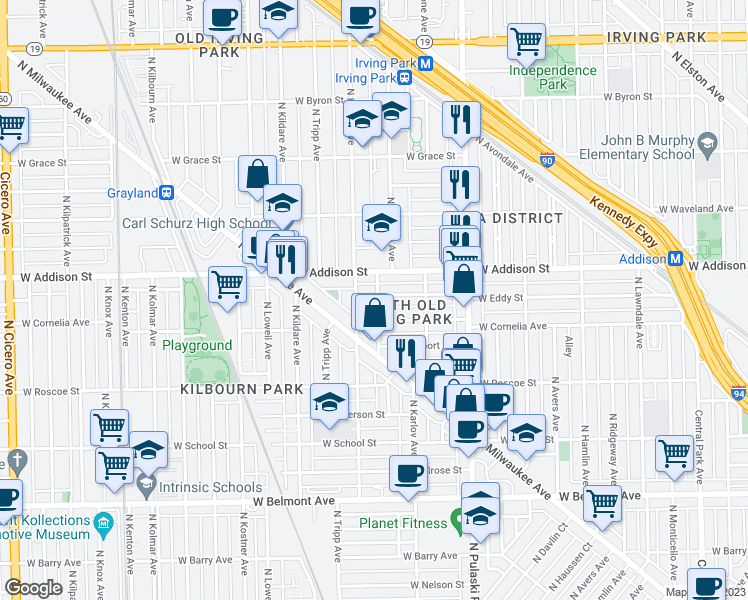 map of restaurants, bars, coffee shops, grocery stores, and more near 4157 West Eddy Street in Chicago