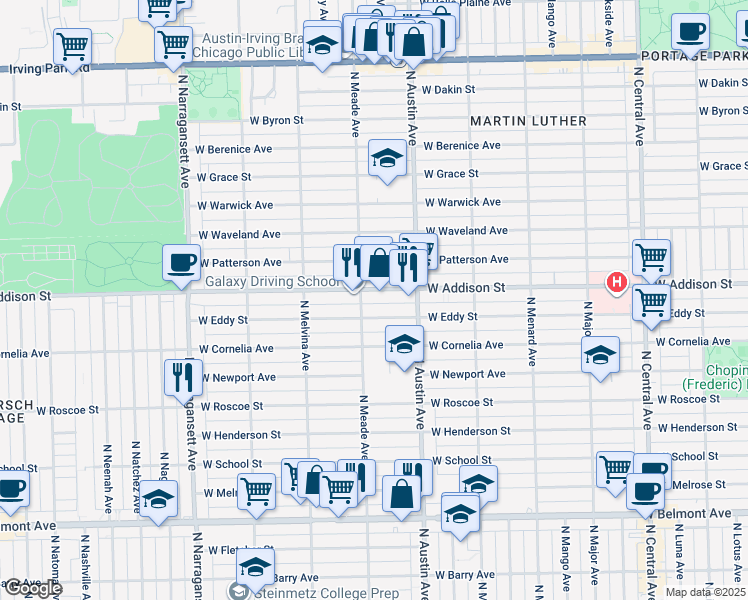 map of restaurants, bars, coffee shops, grocery stores, and more near 6105 West Addison Street in Chicago