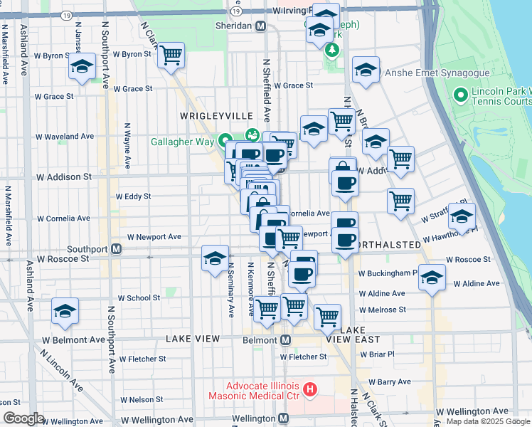 map of restaurants, bars, coffee shops, grocery stores, and more near 3462 North Sheffield Avenue in Chicago