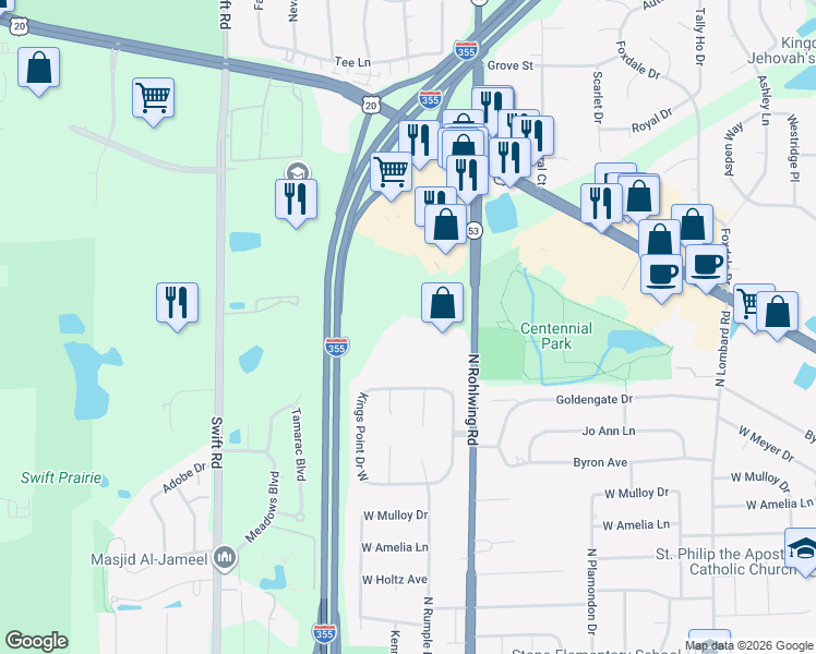 map of restaurants, bars, coffee shops, grocery stores, and more near 952 North Rohlwing Road in Addison