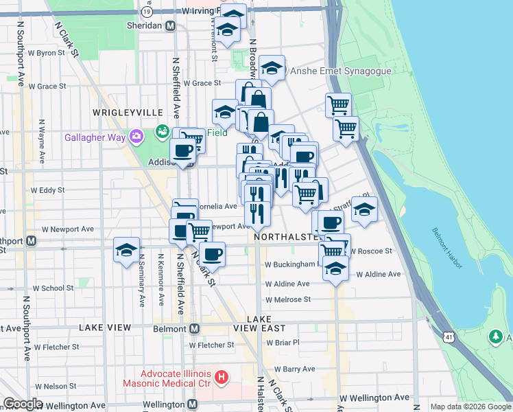 map of restaurants, bars, coffee shops, grocery stores, and more near N Halsted St & W Cornelia Ave in Chicago