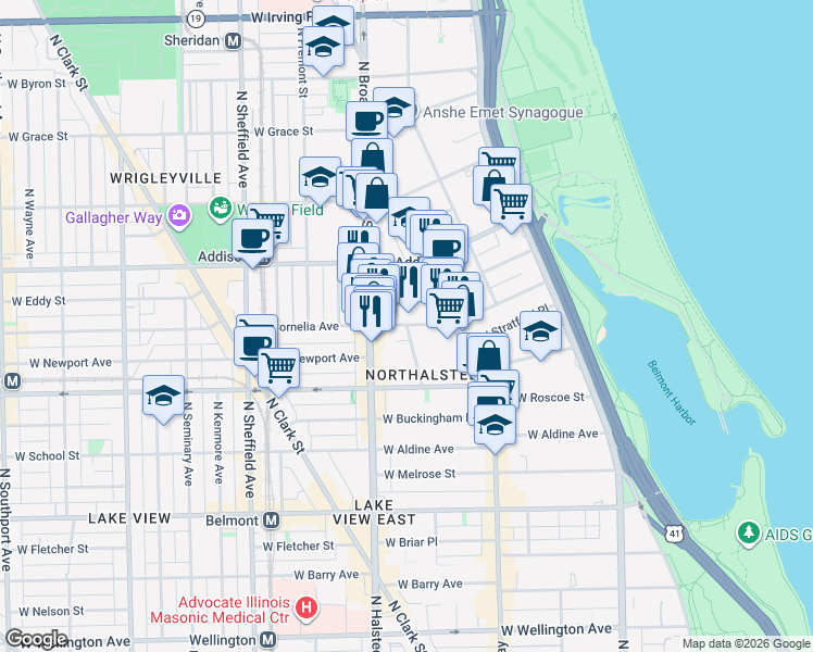 map of restaurants, bars, coffee shops, grocery stores, and more near W Cornelia Ave & N Elaine Pl in Chicago