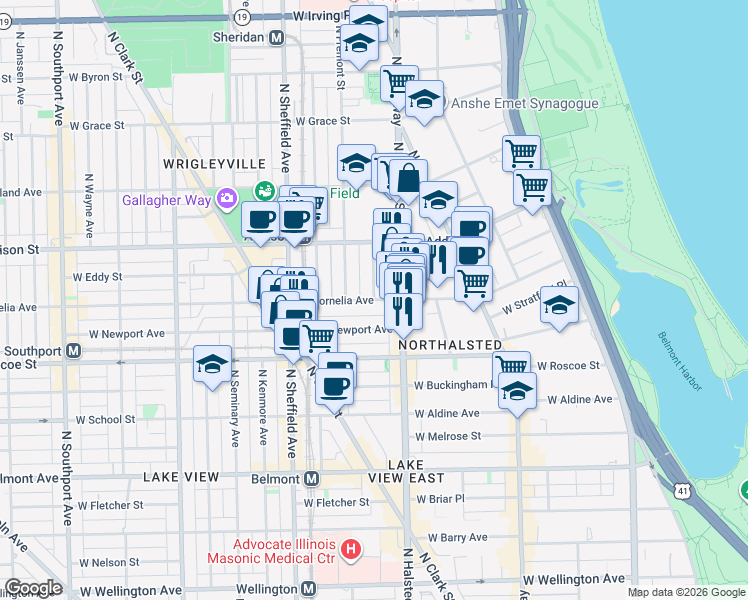 map of restaurants, bars, coffee shops, grocery stores, and more near West Cornelia Avenue & North Reta Avenue in Chicago