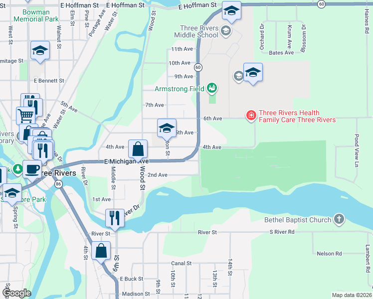 map of restaurants, bars, coffee shops, grocery stores, and more near 414 4th Avenue in Three Rivers