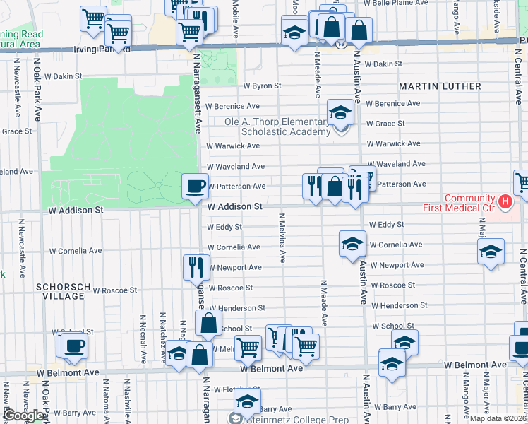 map of restaurants, bars, coffee shops, grocery stores, and more near 6240 West Addison Street in Chicago