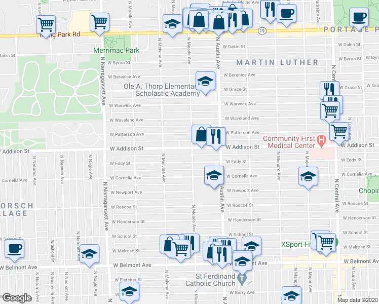 map of restaurants, bars, coffee shops, grocery stores, and more near 6105 West Addison Street in Chicago