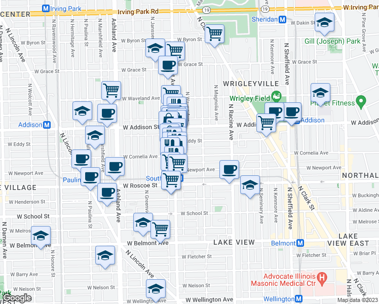 map of restaurants, bars, coffee shops, grocery stores, and more near 1326 West Cornelia Avenue in Chicago