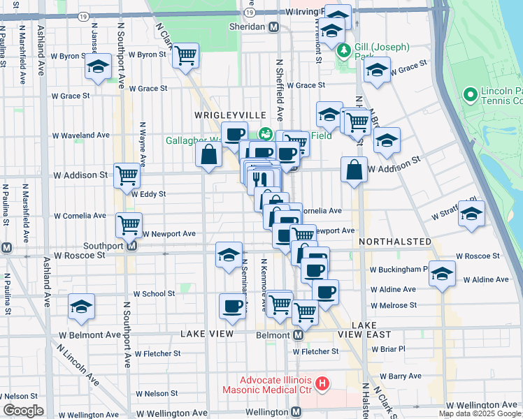 map of restaurants, bars, coffee shops, grocery stores, and more near 1048 West Cornelia Avenue in Chicago